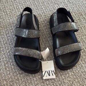 New Zara Black Dad Sandals Shoes Double Straps Silver Kids 5 37